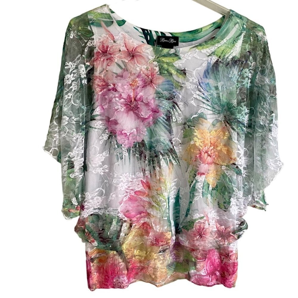 Brittany Black Printed Floral Banded Bottom Lace Top Women's Small